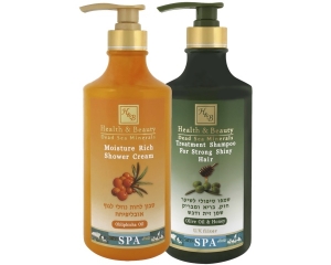 Sprchový gél s olejom rakytníka rešetliakového + Šampón s olivovým olejom a medom